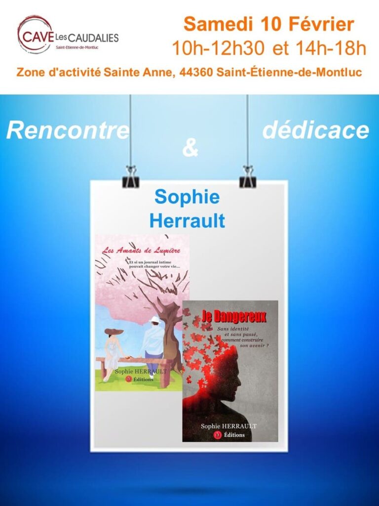Affiche annonçant une séance de dédicaces chez le caviste "Les caudalies" de Saint Etienne de Montluc le 10.02.2018
